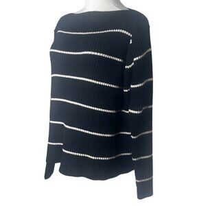 Luxury Silk Wool Blend Stripe Black White Sweater Womens L Classic Career Soft